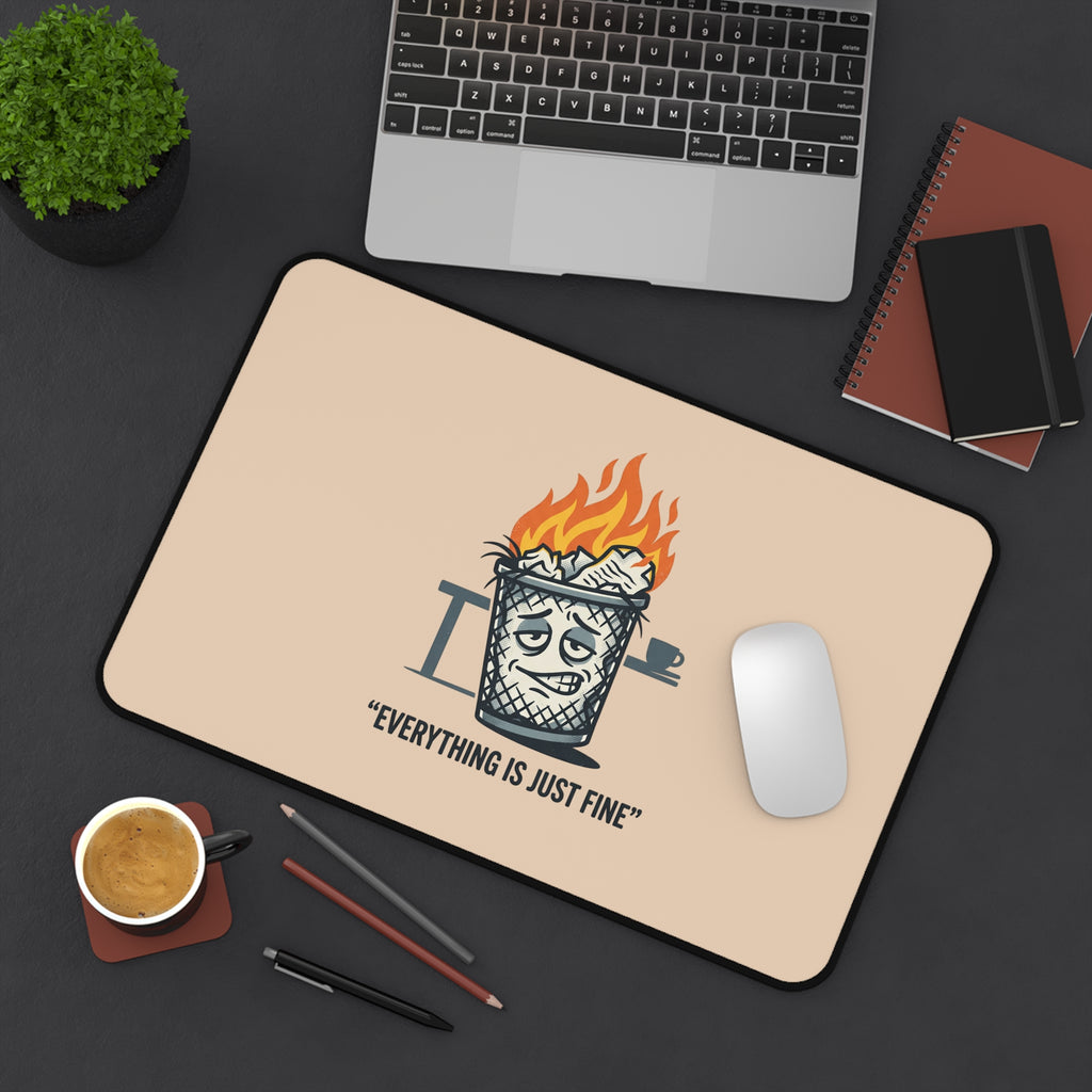 Desk Mat – “Everything Is Just Fine” Funny Burning Trash Can Desk Pad