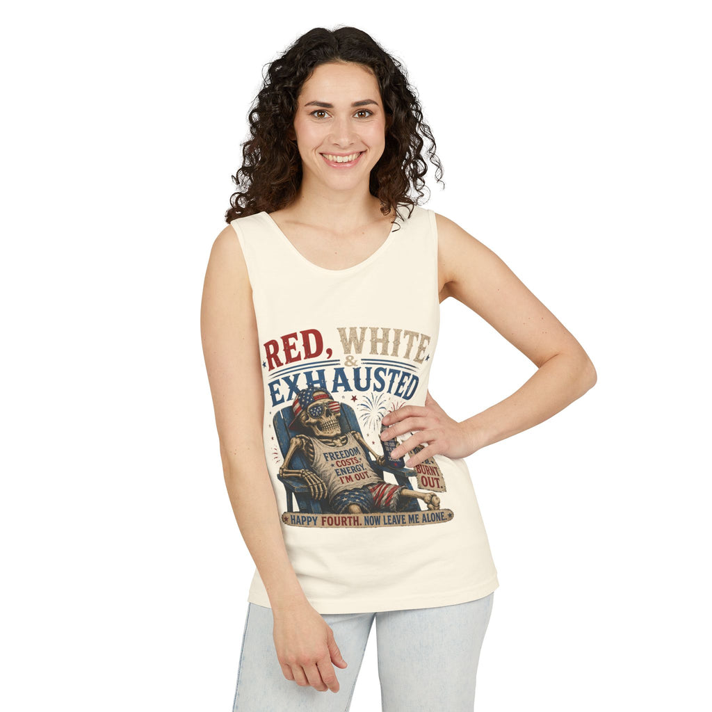 Red, White & Exhausted Shirt | Funny 4th of July Tank top  | Patriotic Burnout Tee | Retro America Graphic Tee | Independence Day Gift