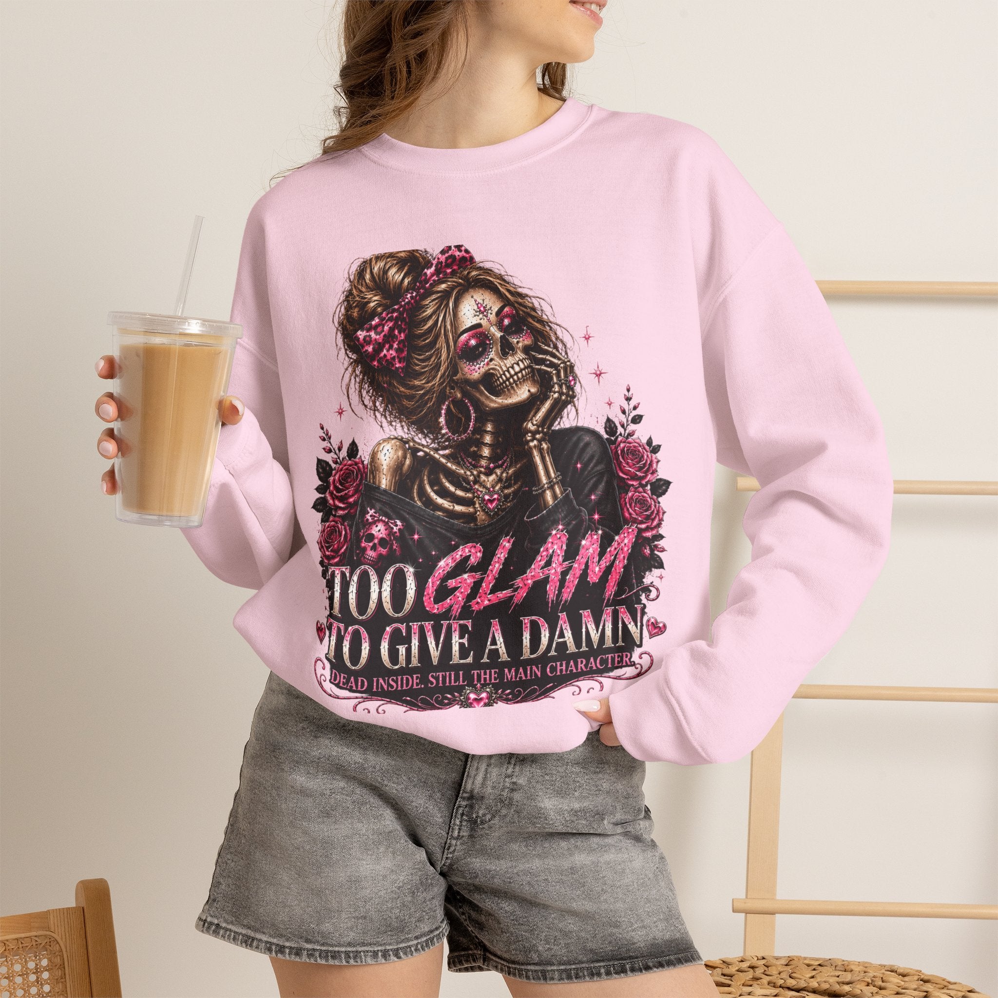 Glam Skull Crewneck Sweatshirt — "Too Glam To Give a Damn" Graphic