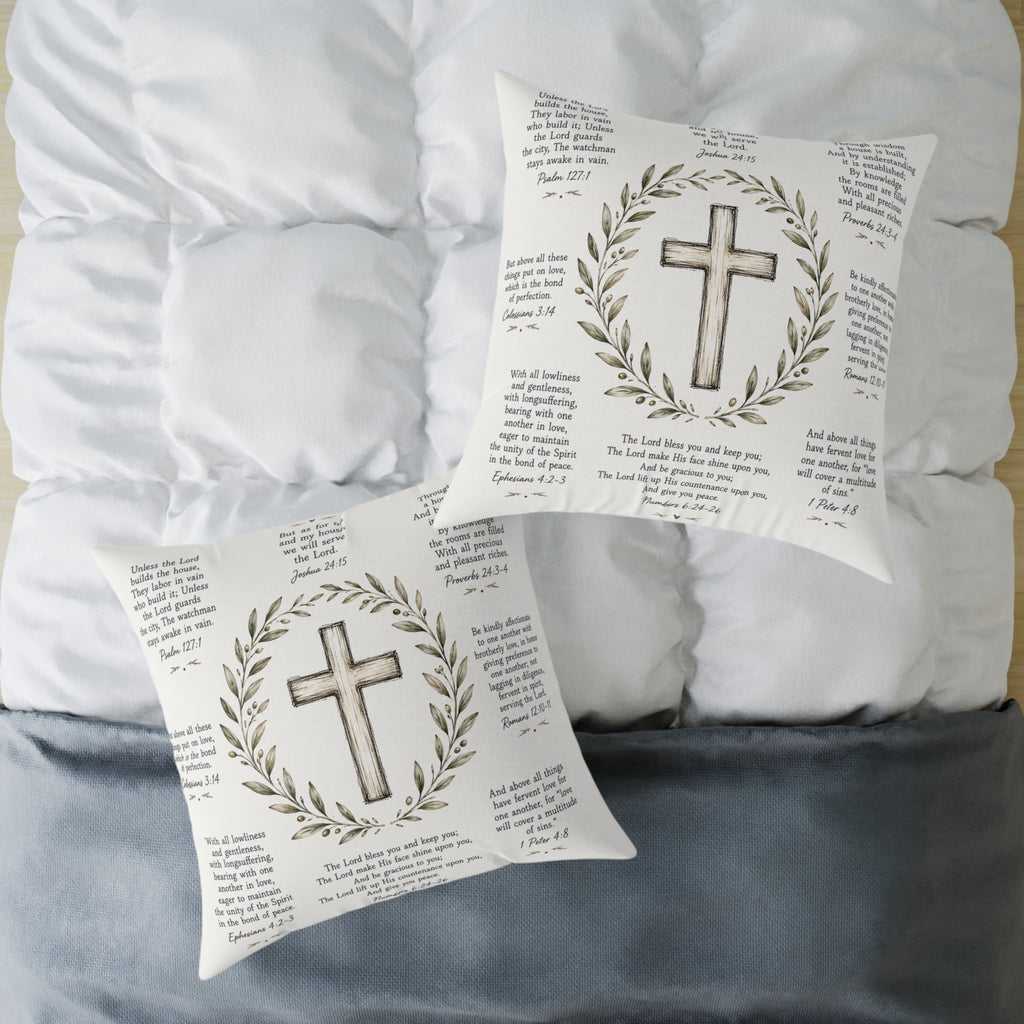 Christian Scripture Throw Pillow | Rustic Cross & Bible Verse Accent Pillow | Farmhouse Faith Home Decor