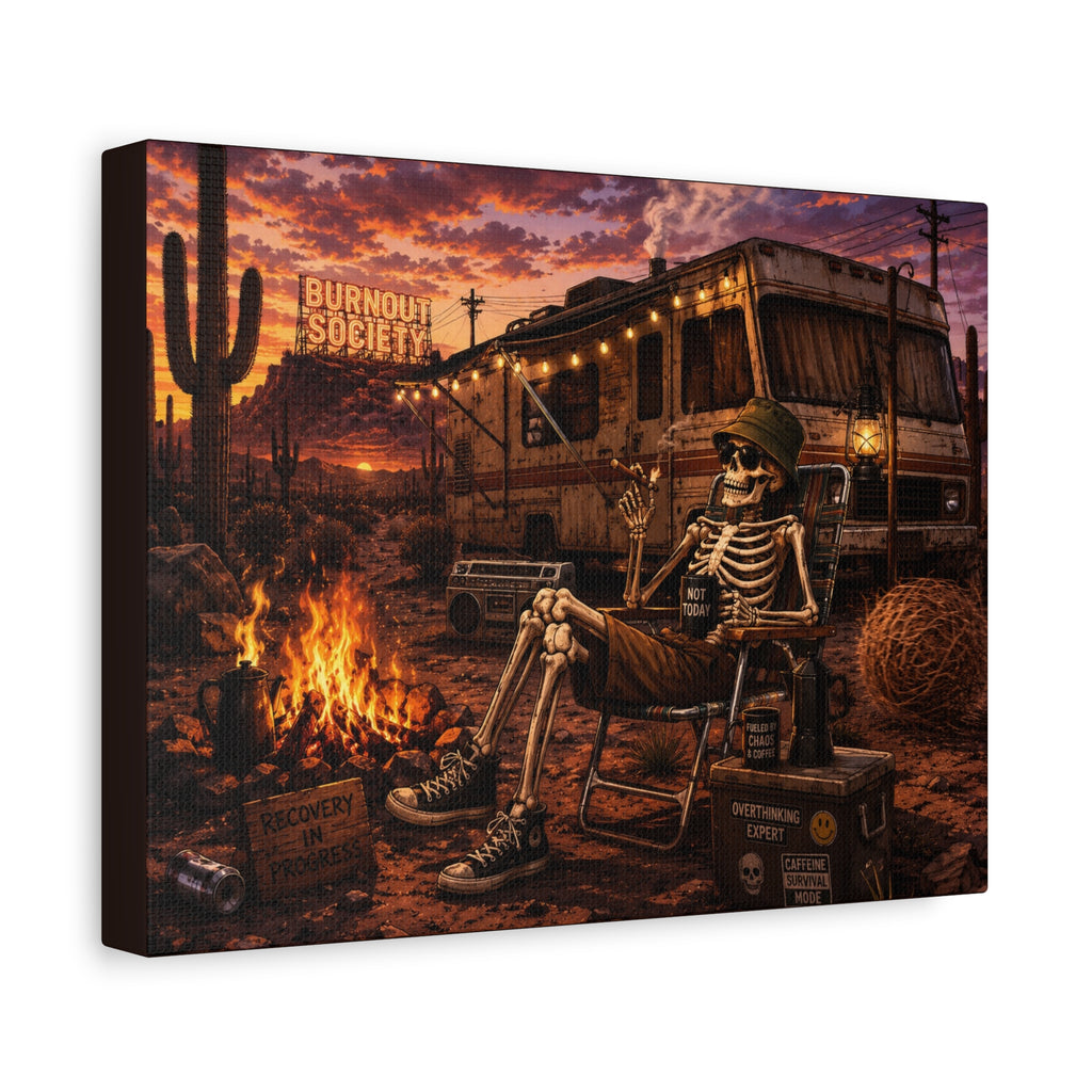 Skeleton Camper Desert Canvas Print — 'Burnout Society' RV Campfire Wall Art