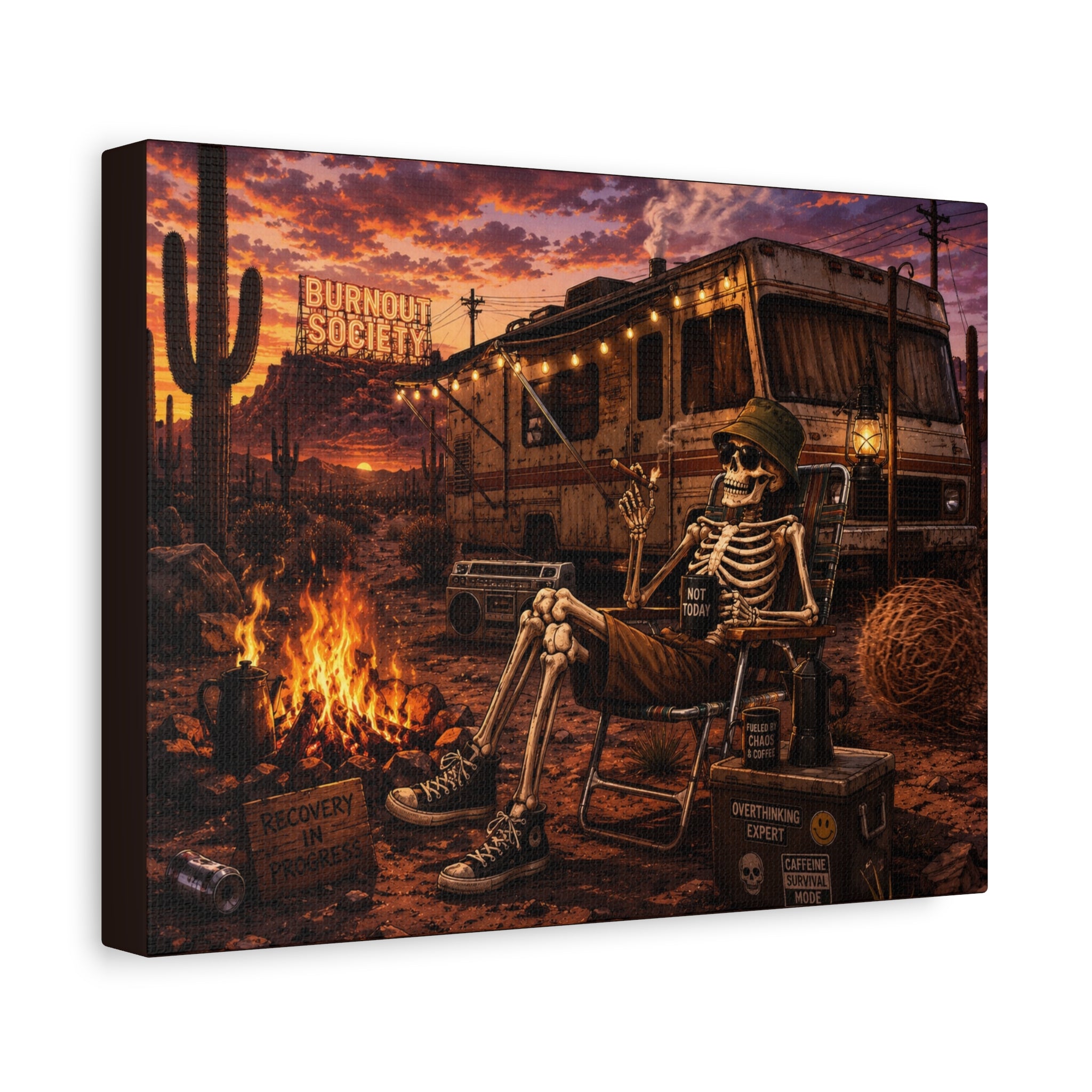 Skeleton Camper Desert Canvas Print — 'Burnout Society' RV Campfire Wall Art