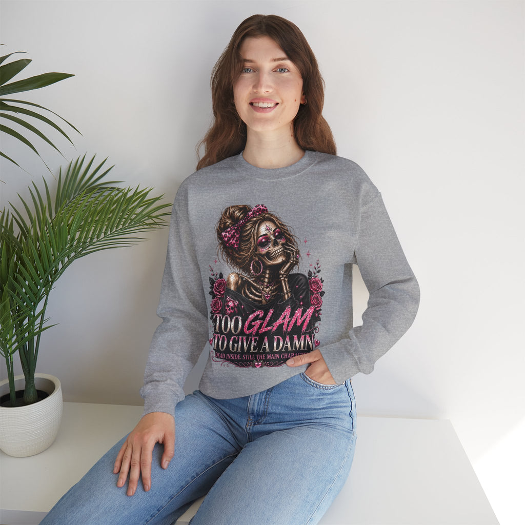 Glam Skull Crewneck Sweatshirt — "Too Glam To Give a Damn" Graphic