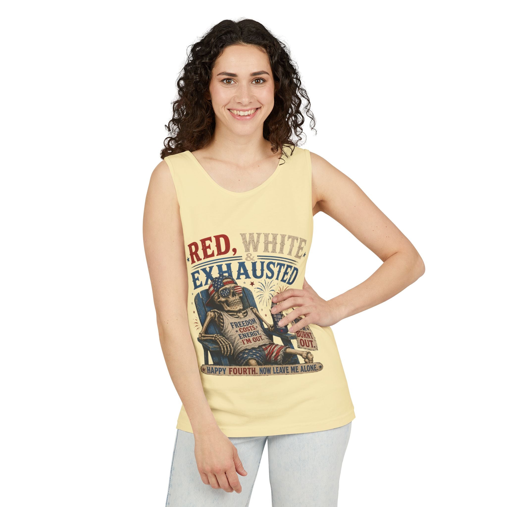 Red, White & Exhausted Shirt | Funny 4th of July Tank top  | Patriotic Burnout Tee | Retro America Graphic Tee | Independence Day Gift