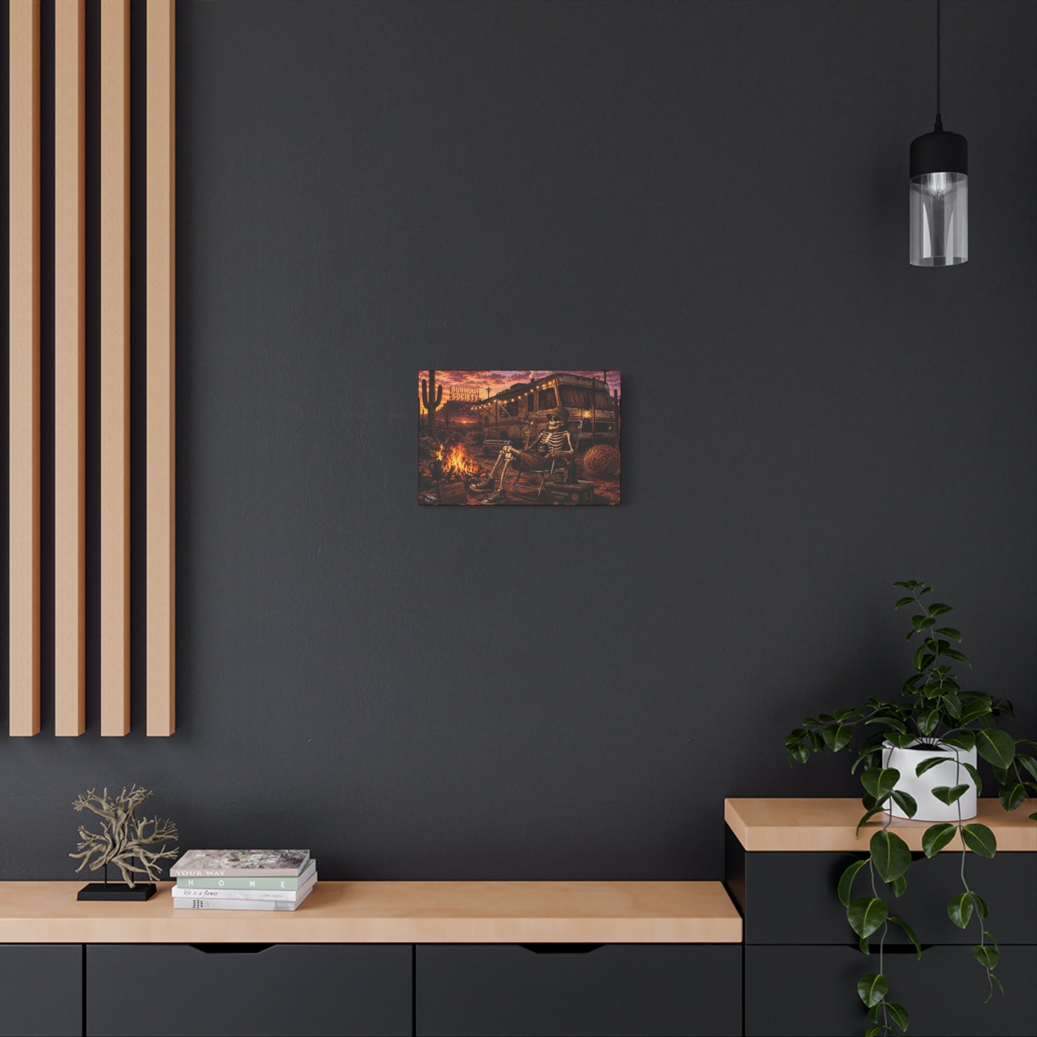 Skeleton Camper Desert Canvas Print — 'Burnout Society' RV Campfire Wall Art