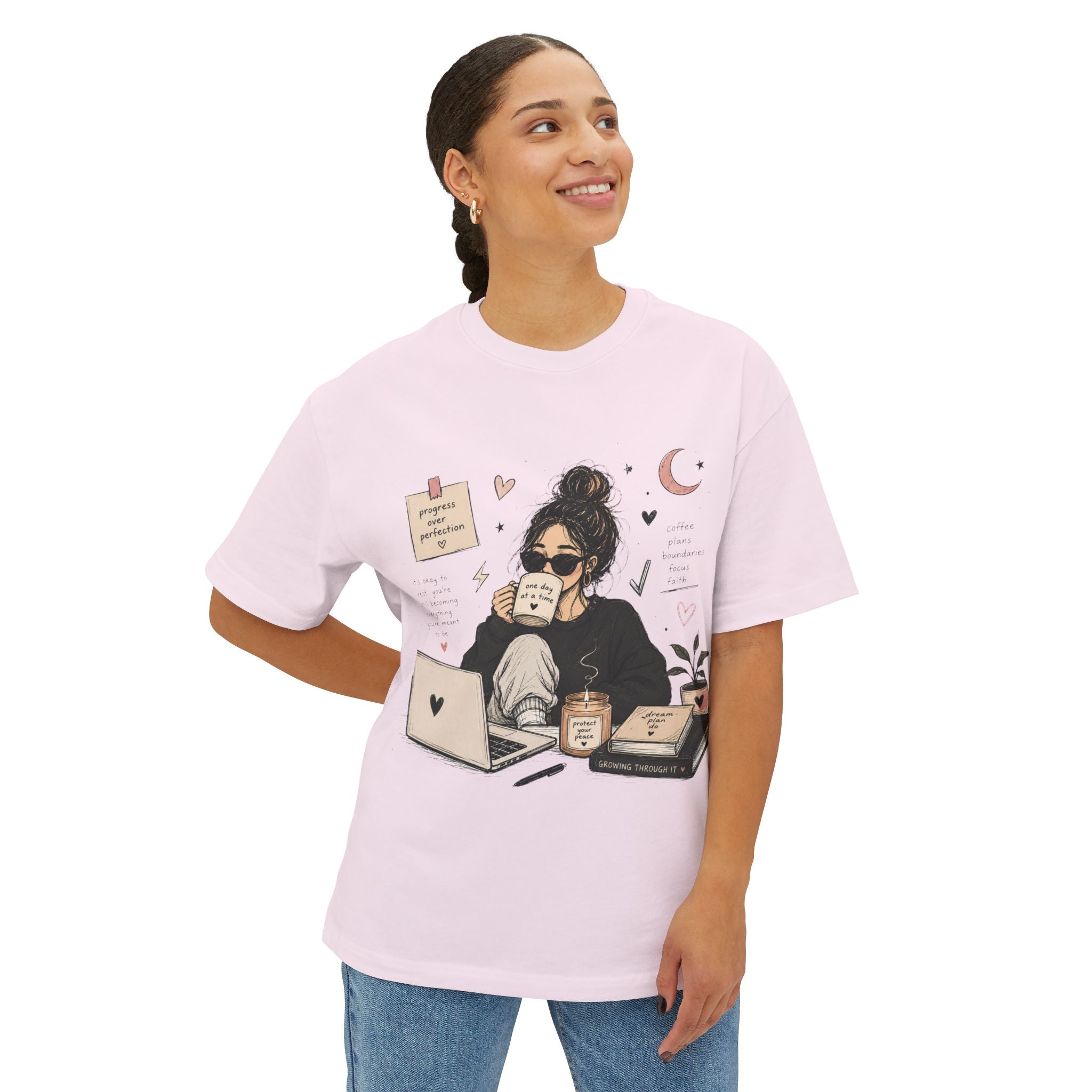 Cozy Coffee Girl Oversized Boxy Study Tee | Hand Drawn Self Care Shirt | Cute Laptop Graphic Tee | Cozy Girl Aesthetic