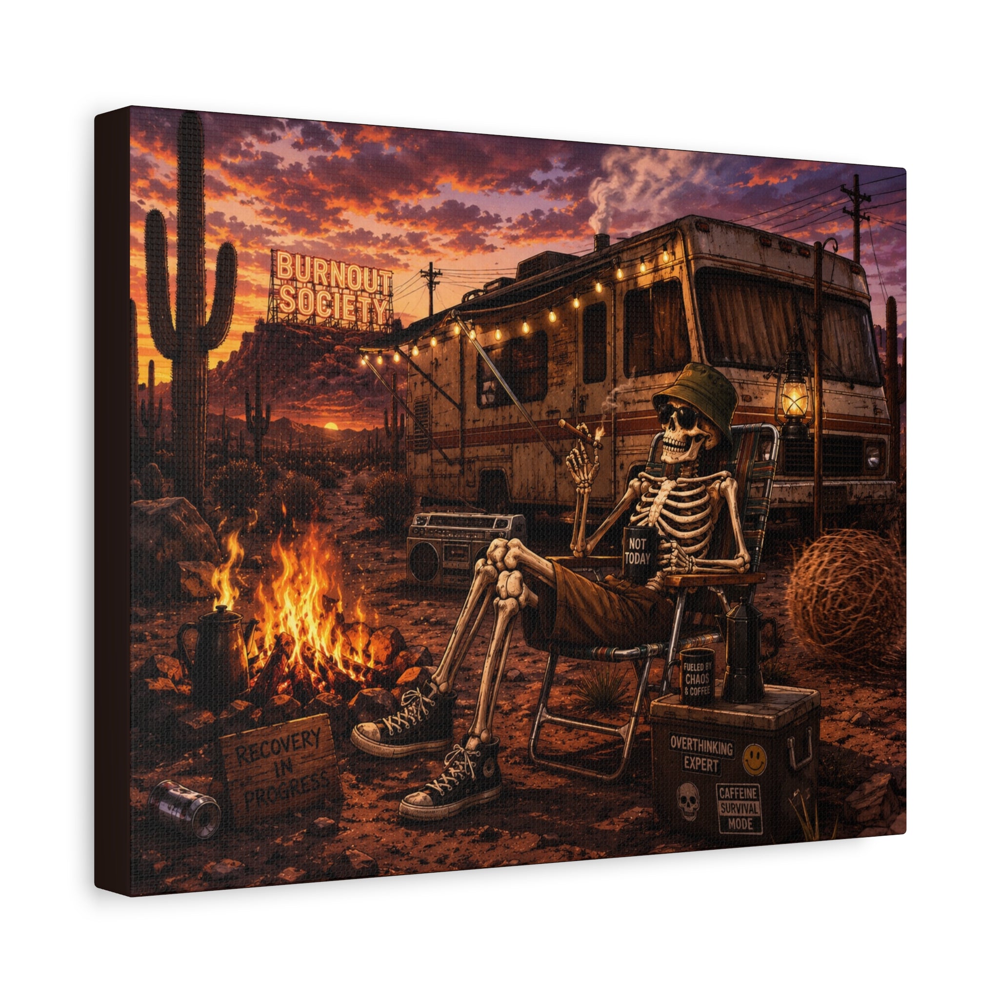 Skeleton Camper Desert Canvas Print — 'Burnout Society' RV Campfire Wall Art