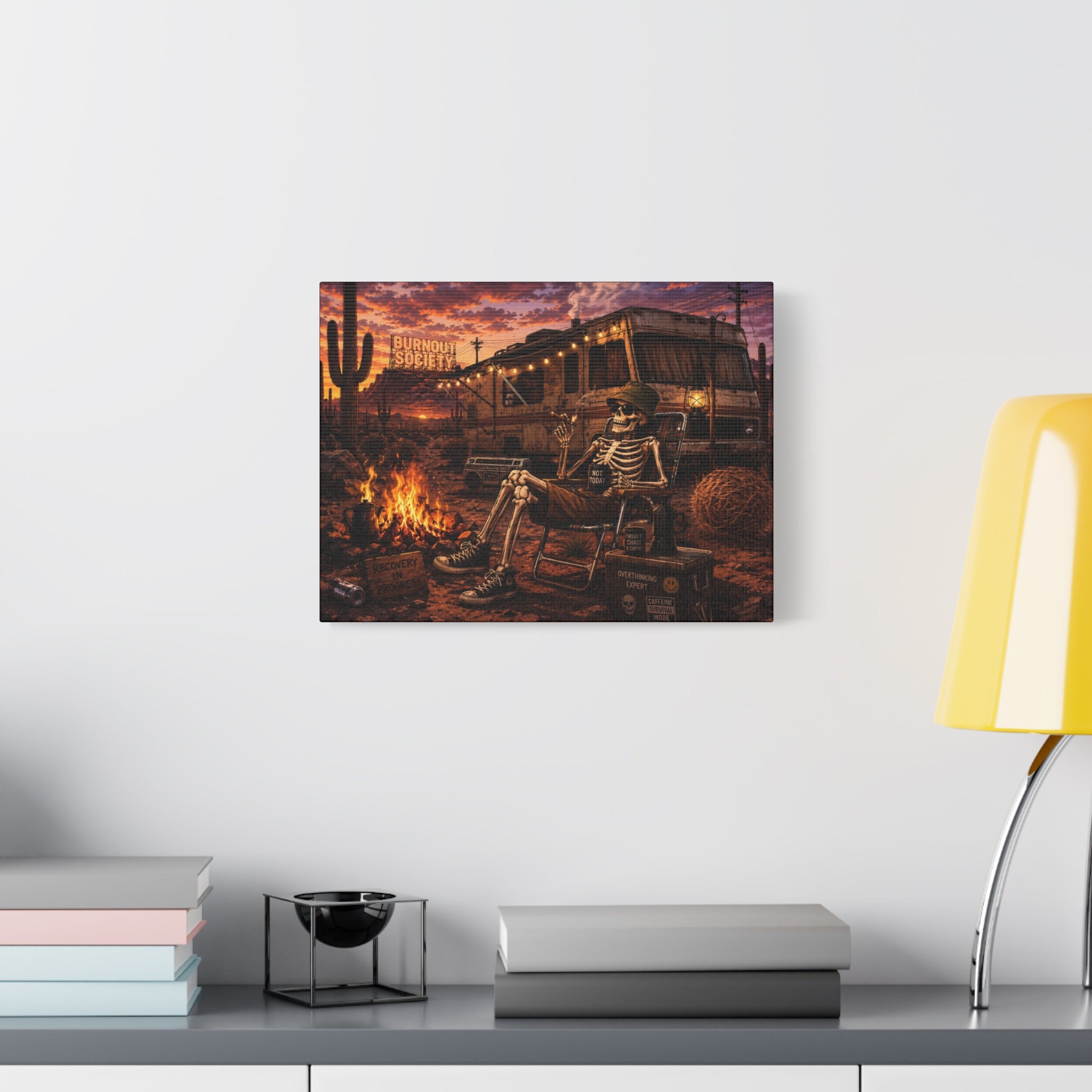 Skeleton Camper Desert Canvas Print — 'Burnout Society' RV Campfire Wall Art