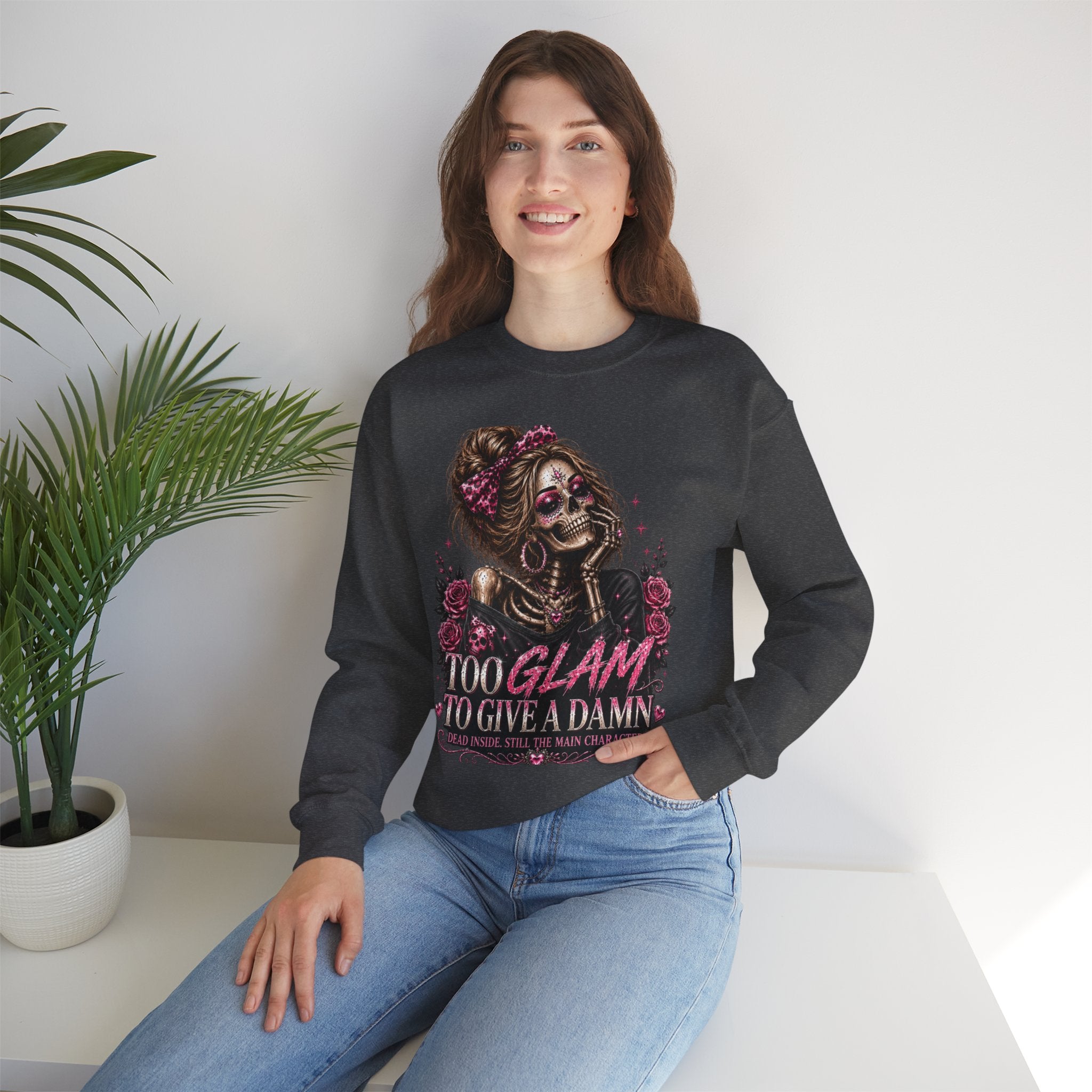 Glam Skull Crewneck Sweatshirt — "Too Glam To Give a Damn" Graphic