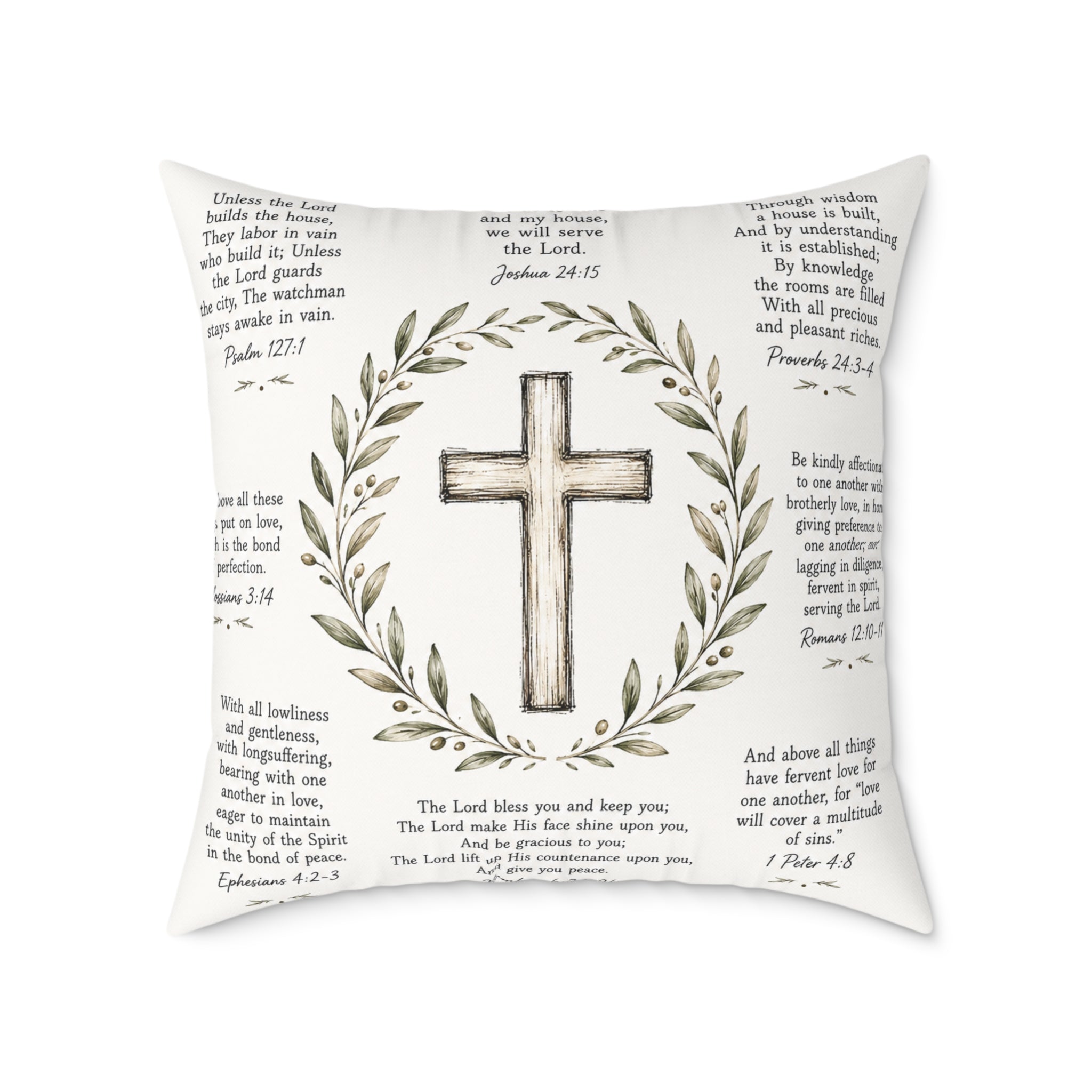 Christian Scripture Throw Pillow | Rustic Cross & Bible Verse Accent Pillow | Farmhouse Faith Home Decor