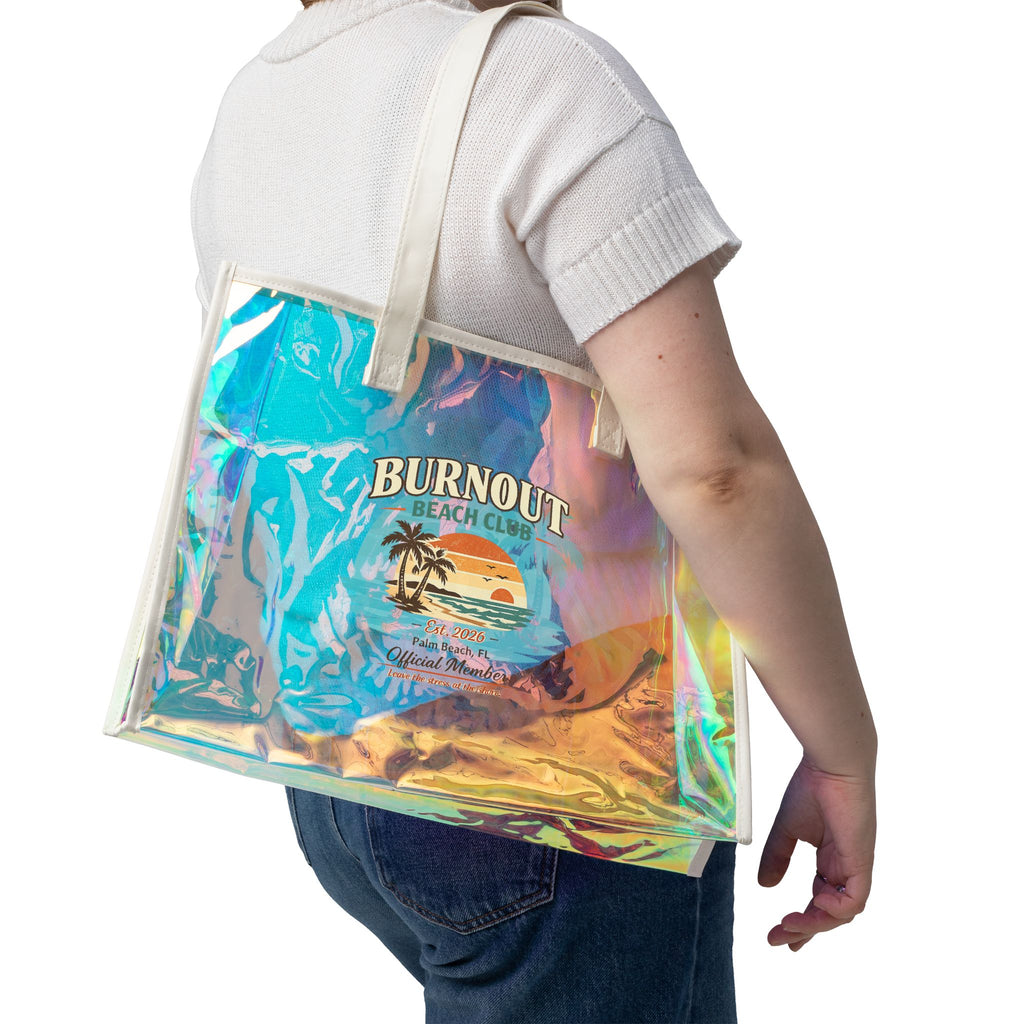 Burnout Beach Club Holographic Beach Tote | Clear Iridescent Beach Bag | Large Summer Tote | Pool Bag | Vacation Gift