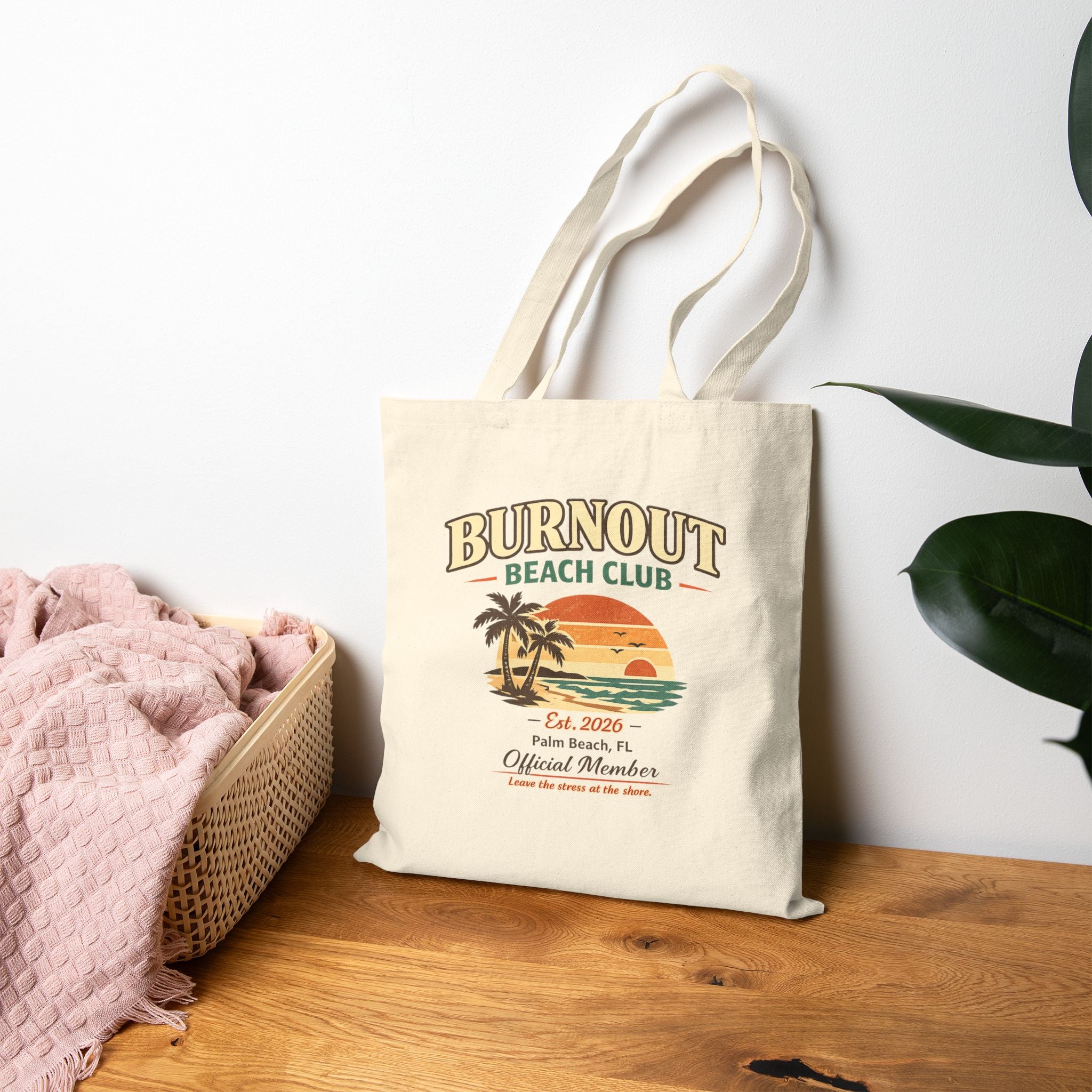 Burnout Beach Club Tote Bag | Coastal Canvas Tote | Retro Beach Bag | Cotton Reusable Shopping Bag | Vacation Gift | Beach Lover Gift