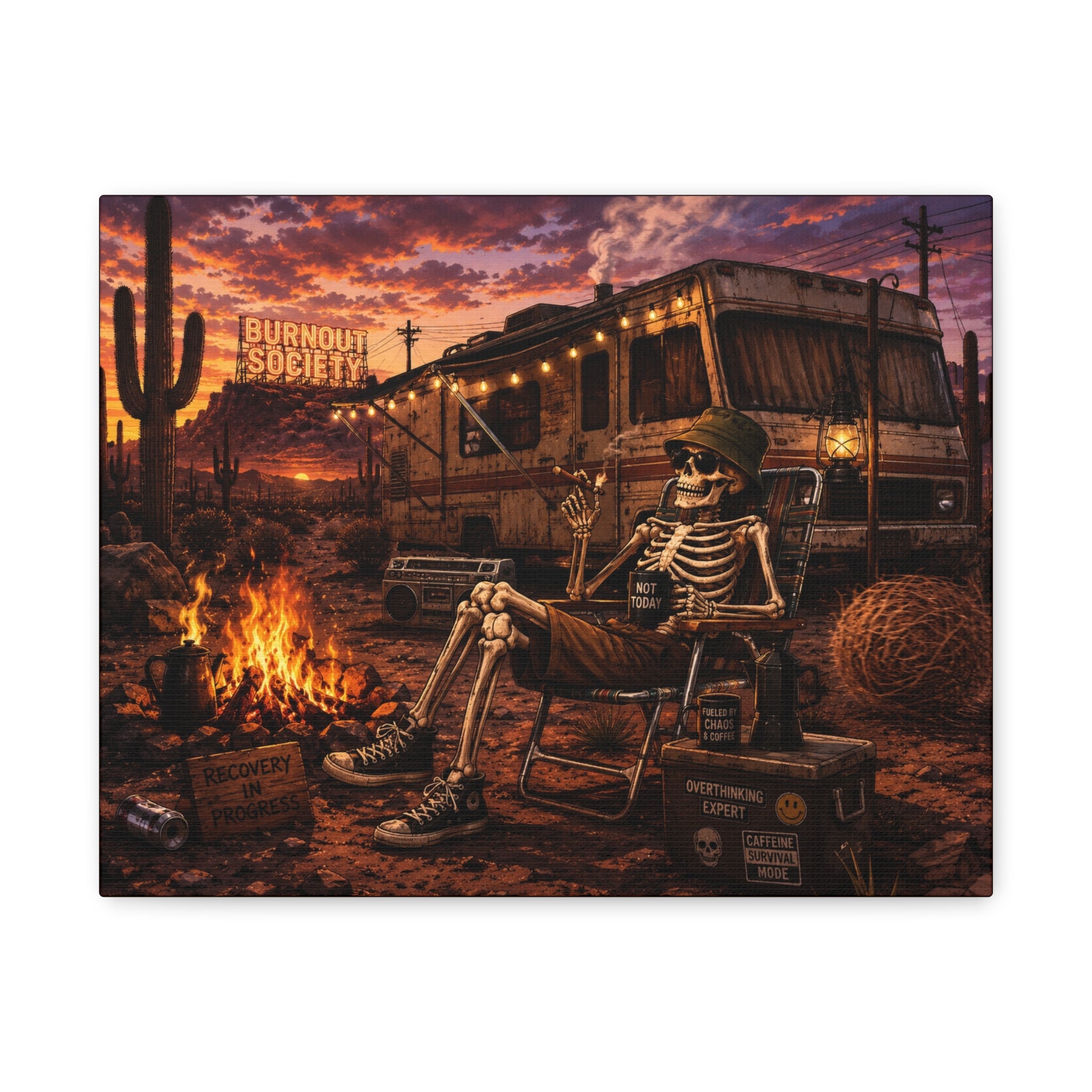 Skeleton Camper Desert Canvas Print — 'Burnout Society' RV Campfire Wall Art