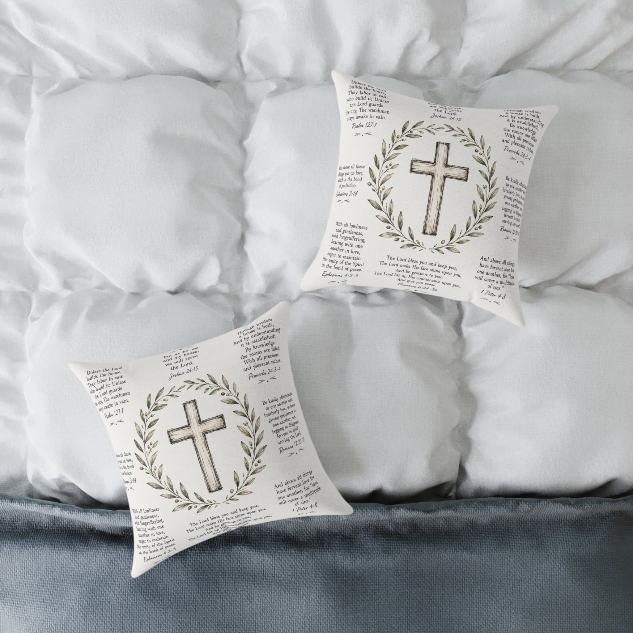 Christian Scripture Throw Pillow | Rustic Cross & Bible Verse Accent Pillow | Farmhouse Faith Home Decor