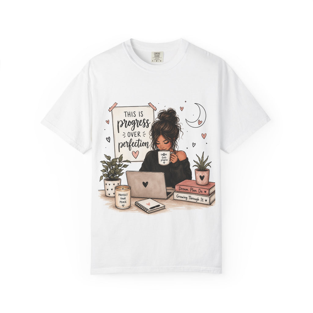 Progress Over Perfection Shirt | Cozy Girl Reading & Coffee Graphic Tee | Book Lover Gift | Cute Hand Drawn Bookish