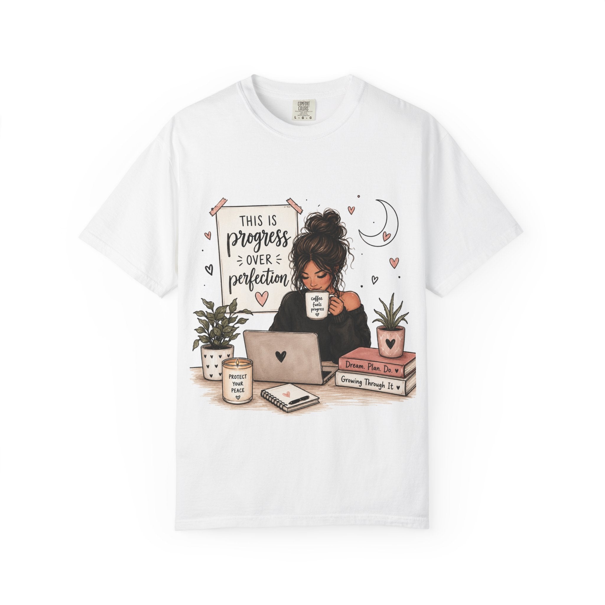 Progress Over Perfection Shirt | Cozy Girl Reading & Coffee Graphic Tee | Book Lover Gift | Cute Hand Drawn Bookish