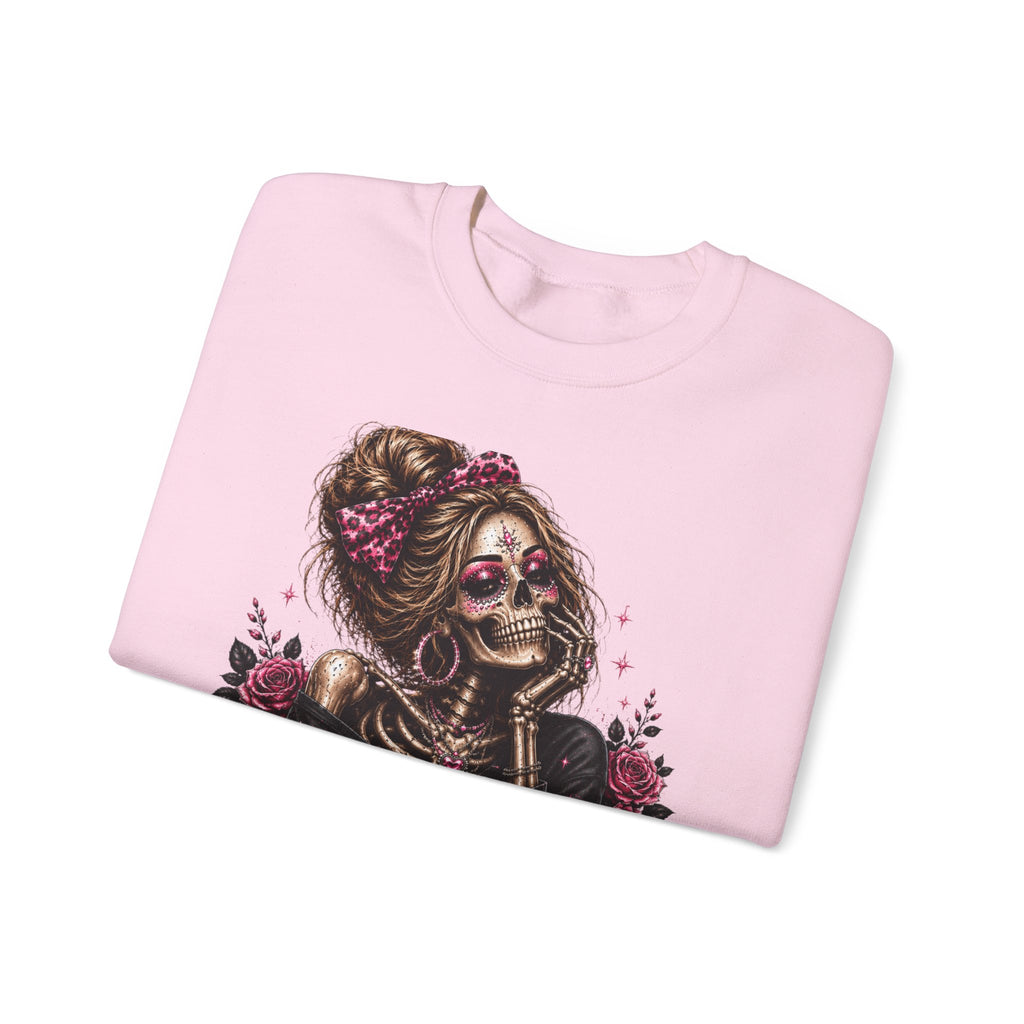 Glam Skull Crewneck Sweatshirt — "Too Glam To Give a Damn" Graphic