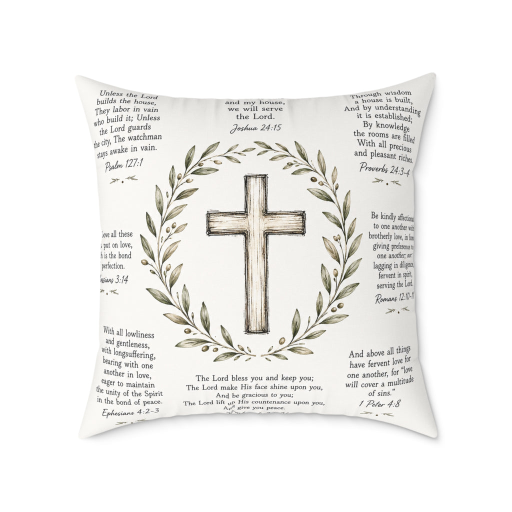 Christian Scripture Throw Pillow | Rustic Cross & Bible Verse Accent Pillow | Farmhouse Faith Home Decor
