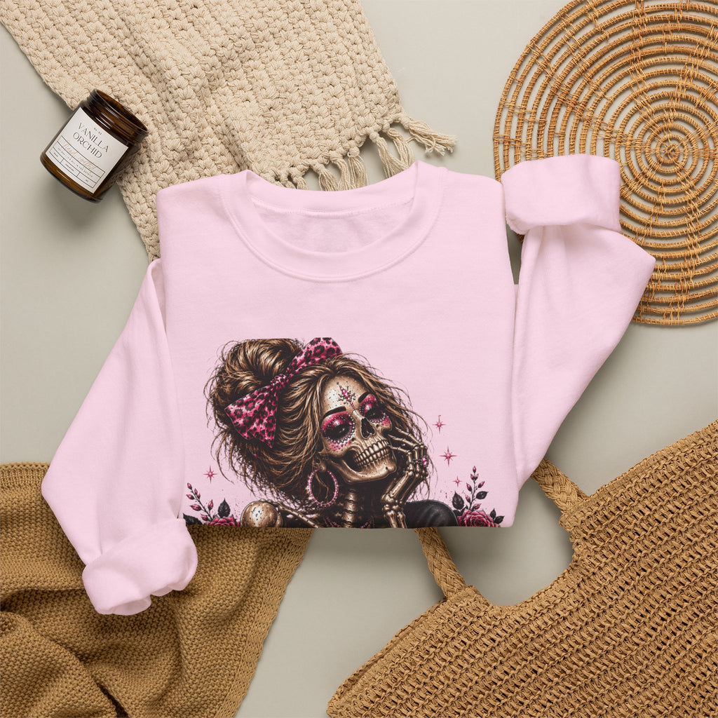 Glam Skull Crewneck Sweatshirt — "Too Glam To Give a Damn" Graphic
