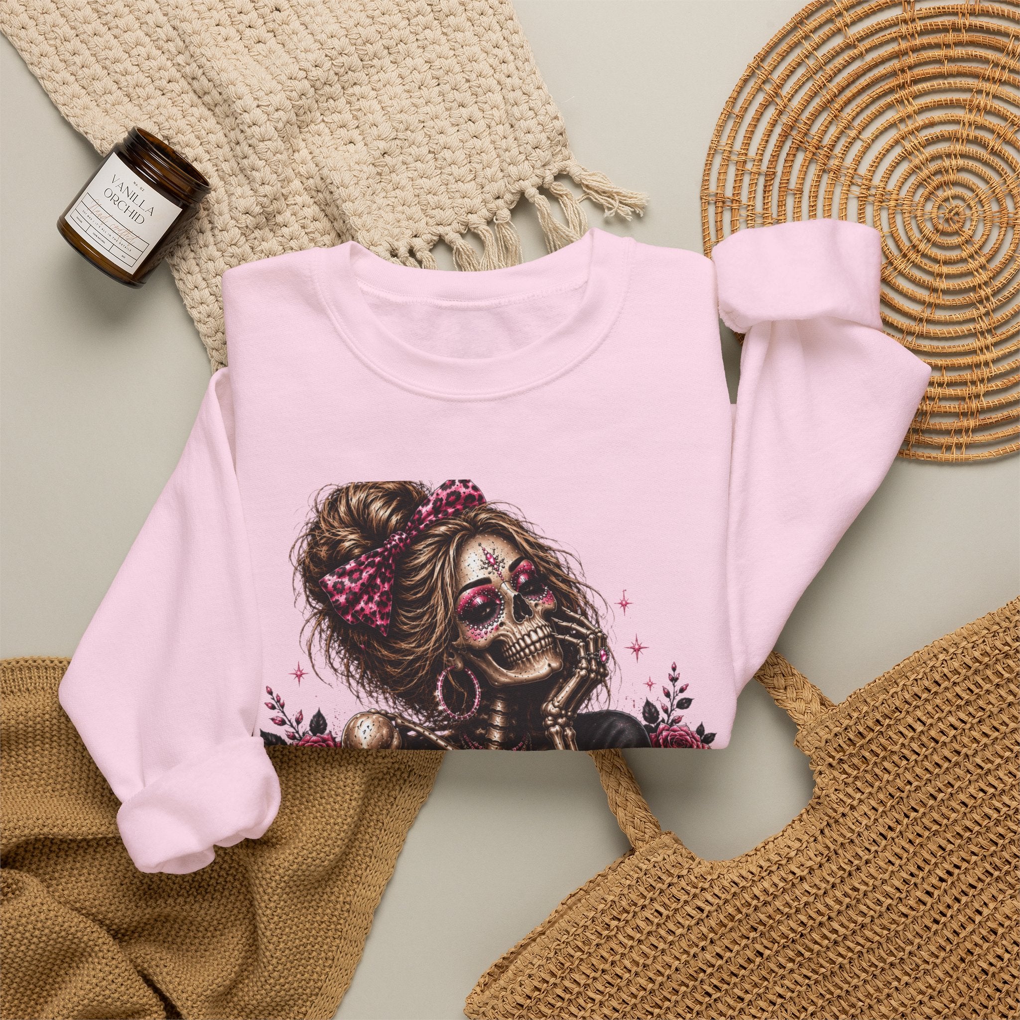 Glam Skull Crewneck Sweatshirt — "Too Glam To Give a Damn" Graphic