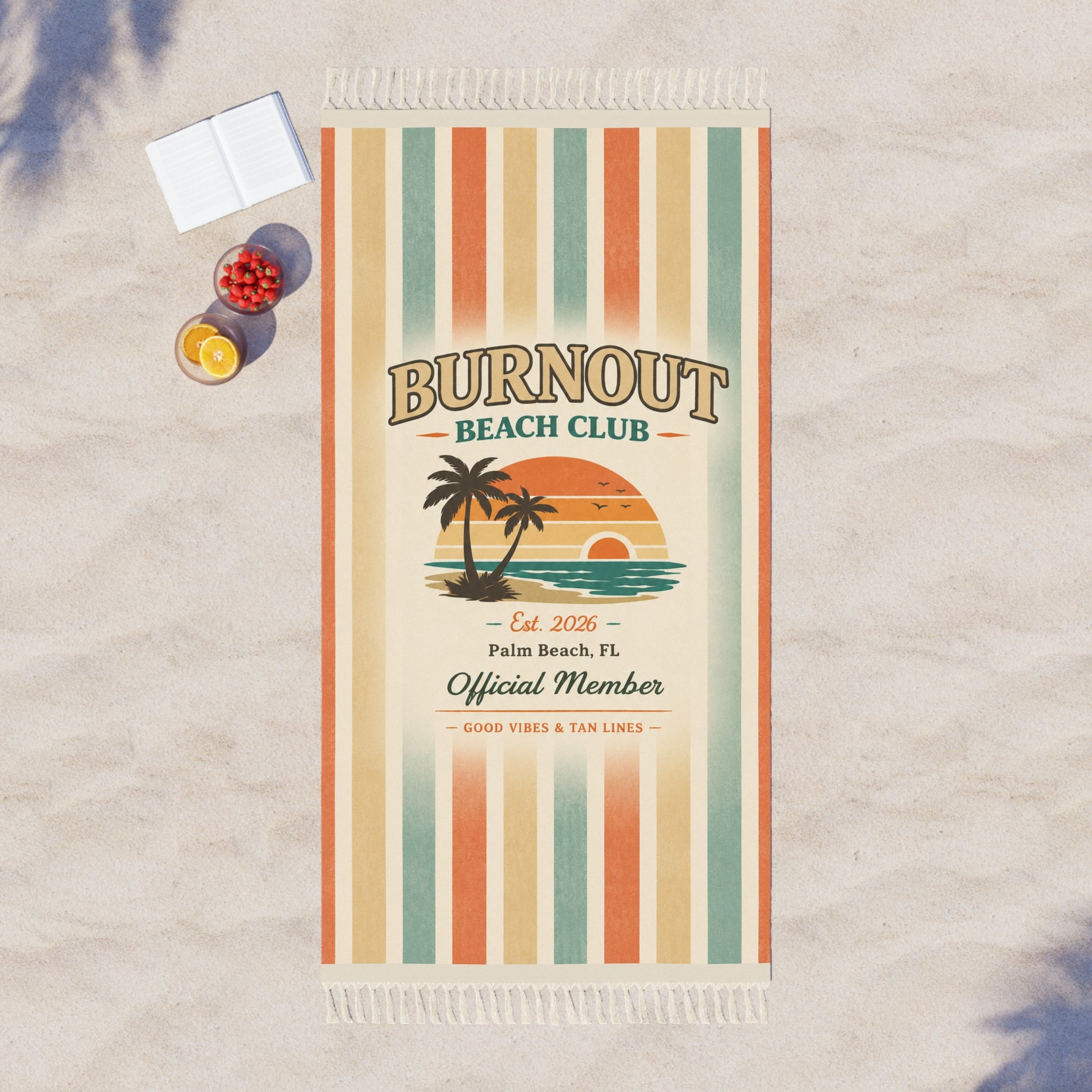 Burnout Beach Club Boho Beach Cloth | Tassel Beach Blanket | Retro Coastal Picnic Blanket | Festival Mat | Vacation Gift