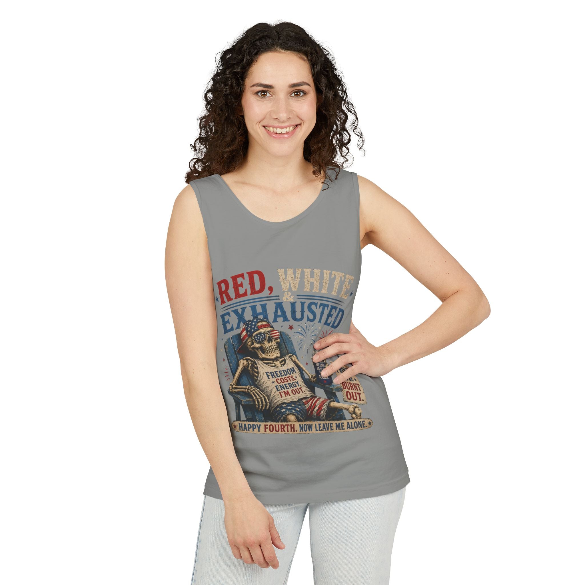 Red, White & Exhausted Shirt | Funny 4th of July Tank top  | Patriotic Burnout Tee | Retro America Graphic Tee | Independence Day Gift