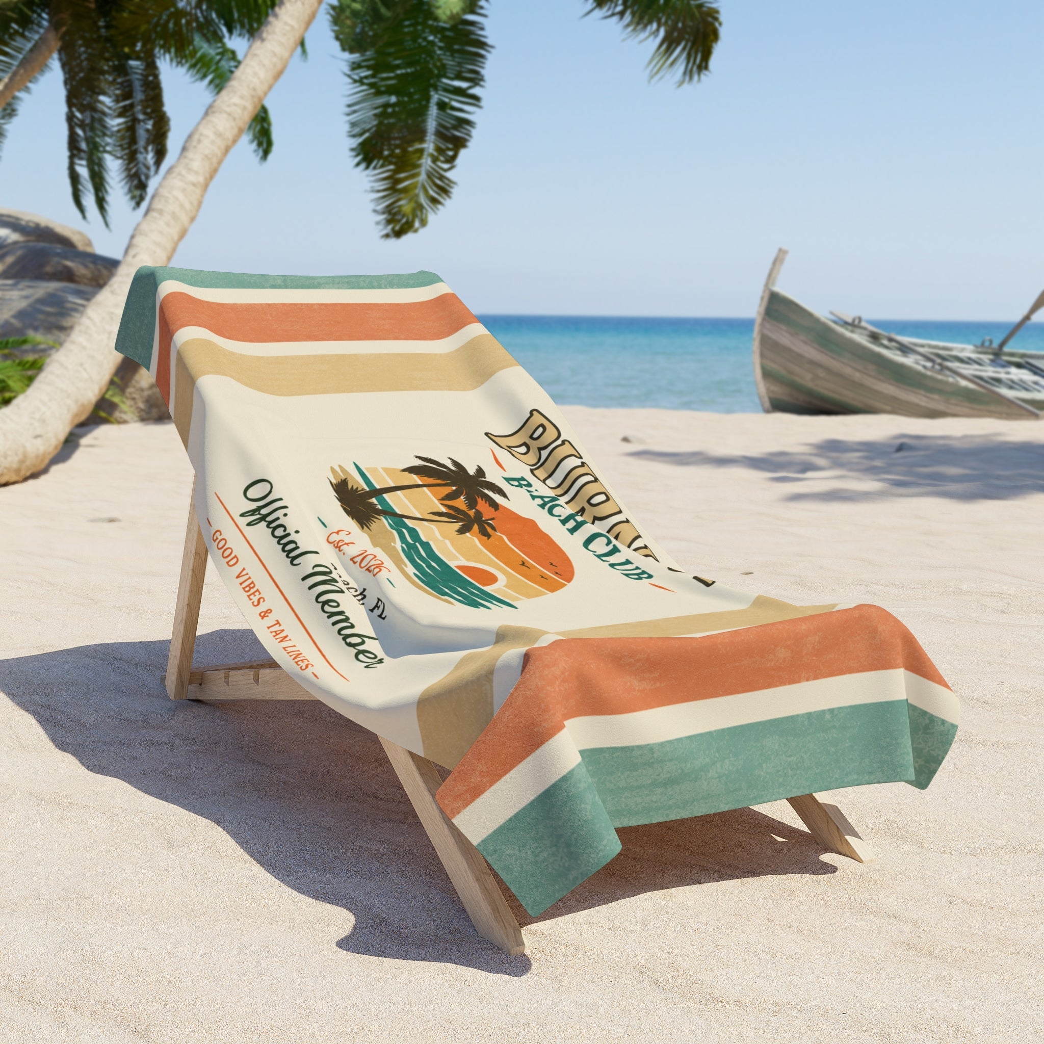 Burnout Beach Club Beach Towel | Retro Coastal Towel | Vintage Stripe Pool Towel | Summer Vacation Gift | Resort Beach Towel