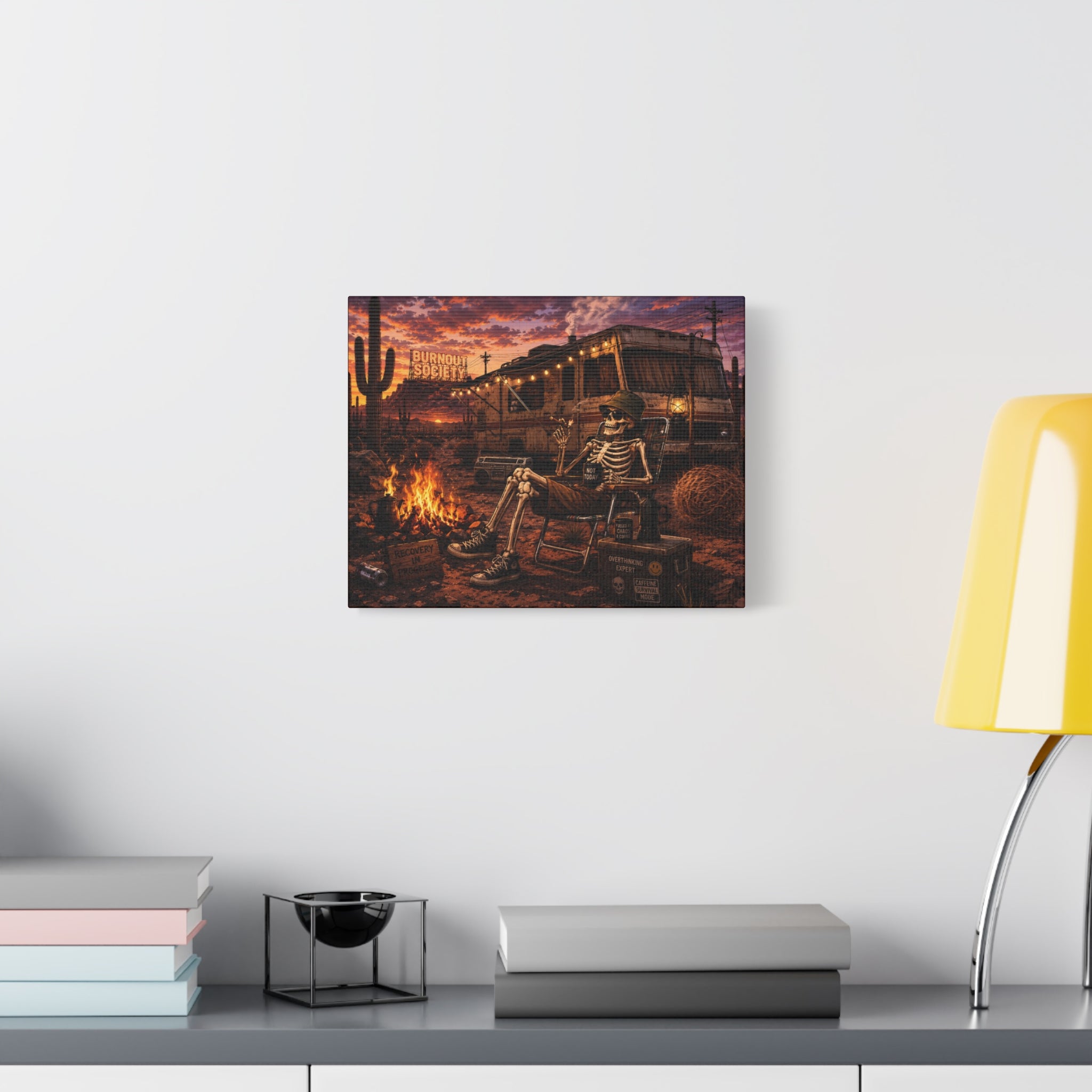 Skeleton Camper Desert Canvas Print — 'Burnout Society' RV Campfire Wall Art