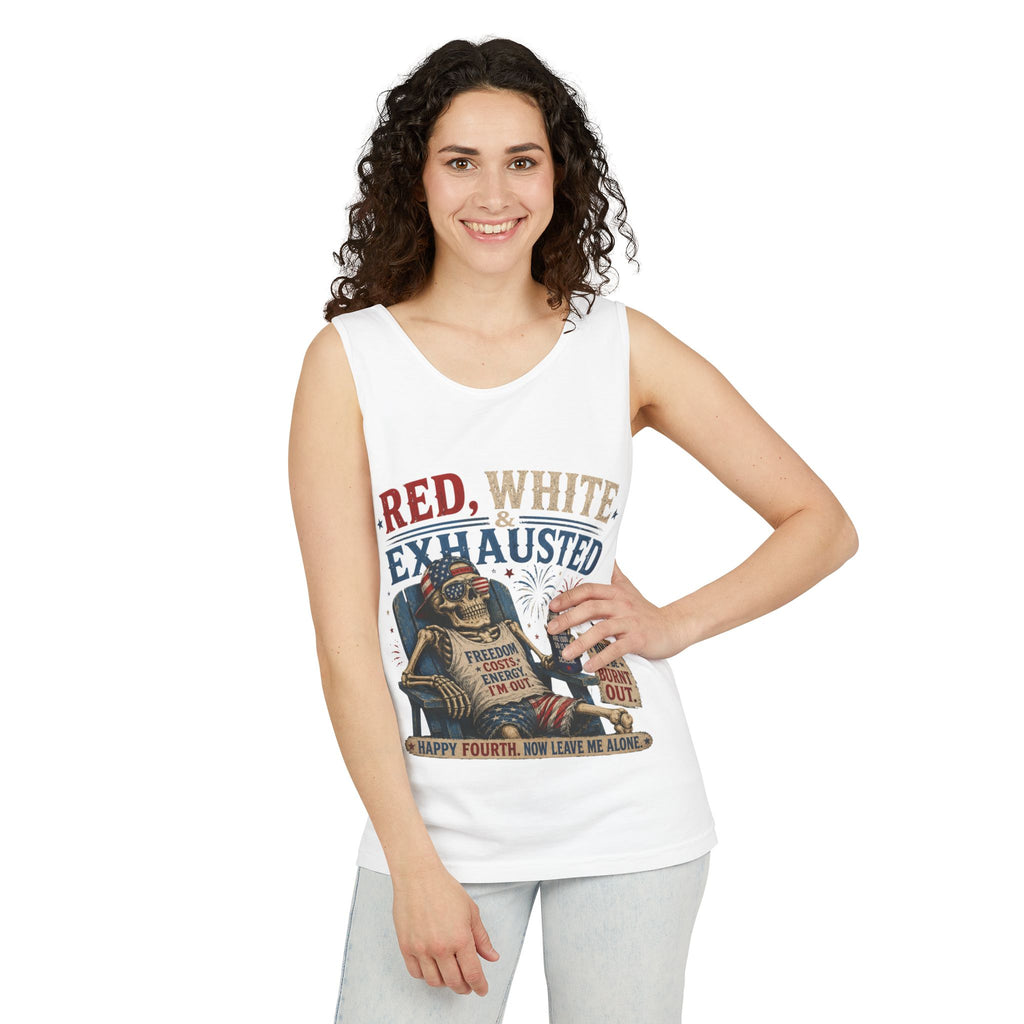 Red, White & Exhausted Shirt | Funny 4th of July Tank top  | Patriotic Burnout Tee | Retro America Graphic Tee | Independence Day Gift