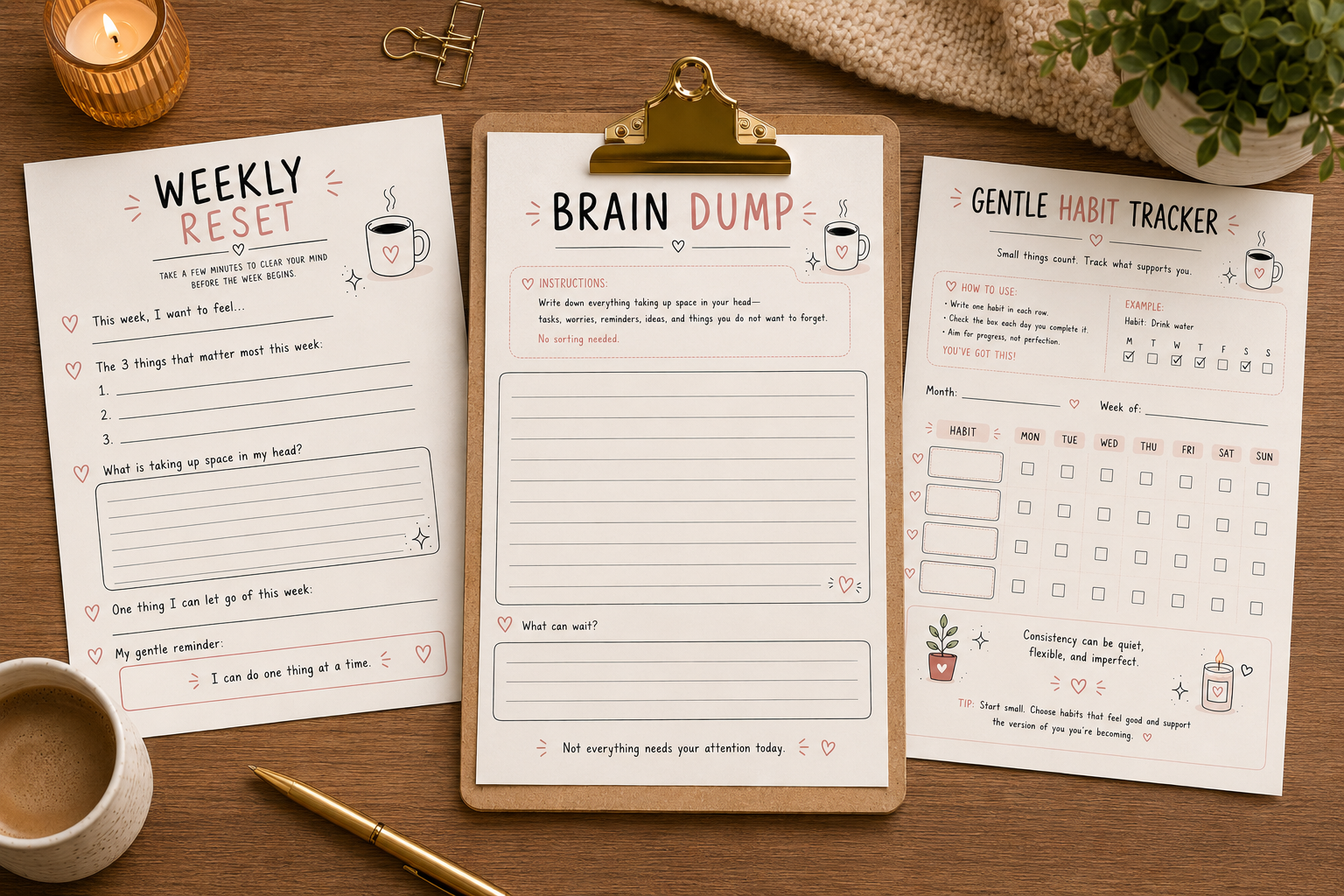 Burnout Reset Planner | Gentle Weekly Habit Tracker, Brain Dump (PDF Download)