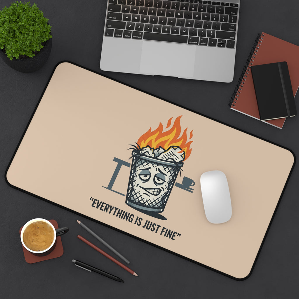 Desk Mat – “Everything Is Just Fine” Funny Burning Trash Can Desk Pad