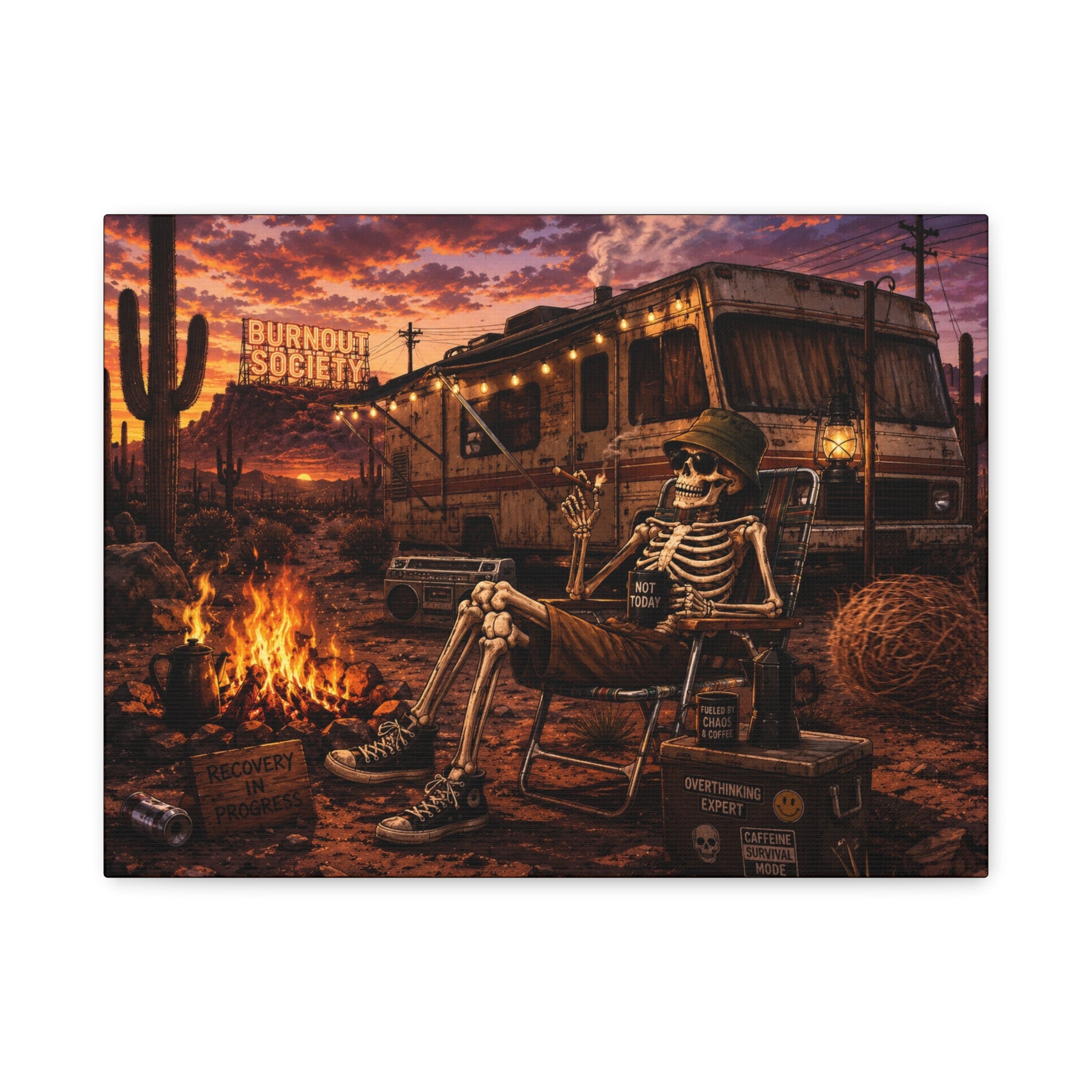 Skeleton Camper Desert Canvas Print — 'Burnout Society' RV Campfire Wall Art