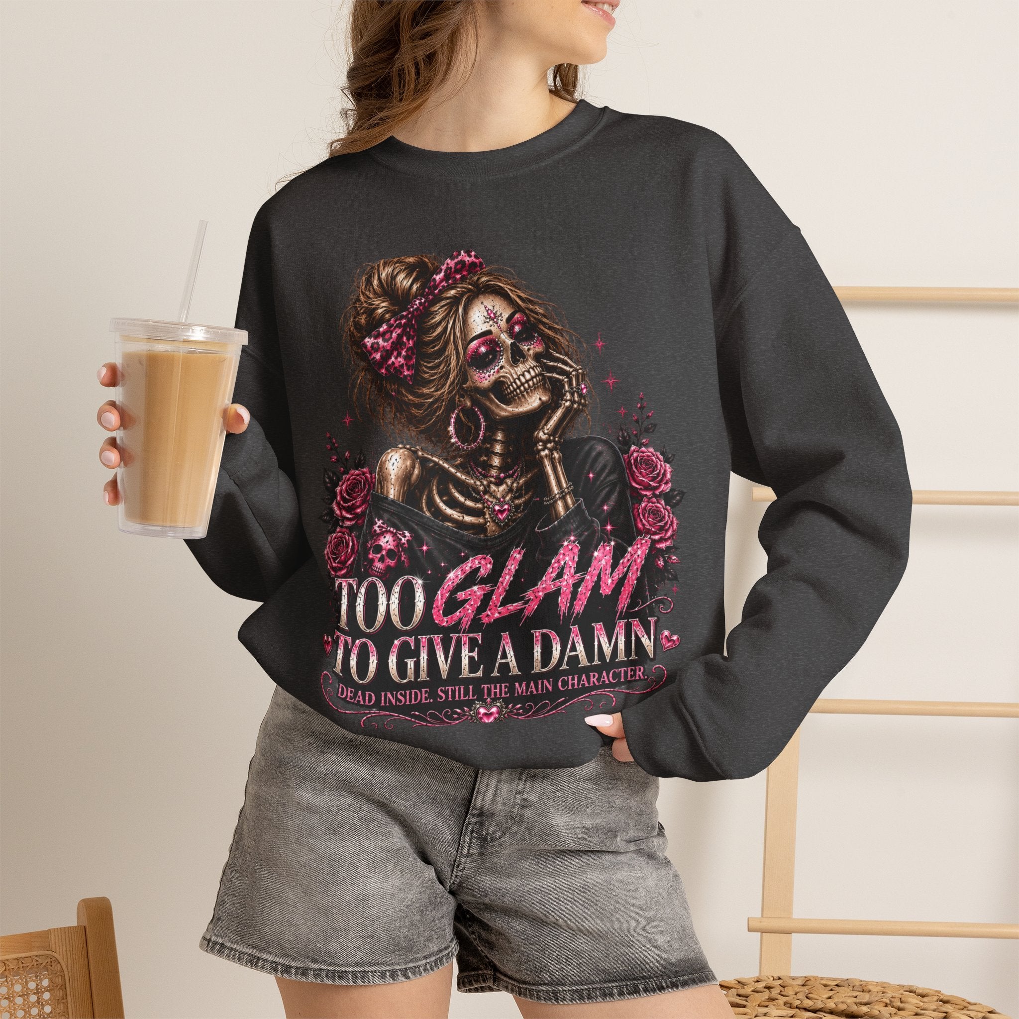 Glam Skull Crewneck Sweatshirt — "Too Glam To Give a Damn" Graphic