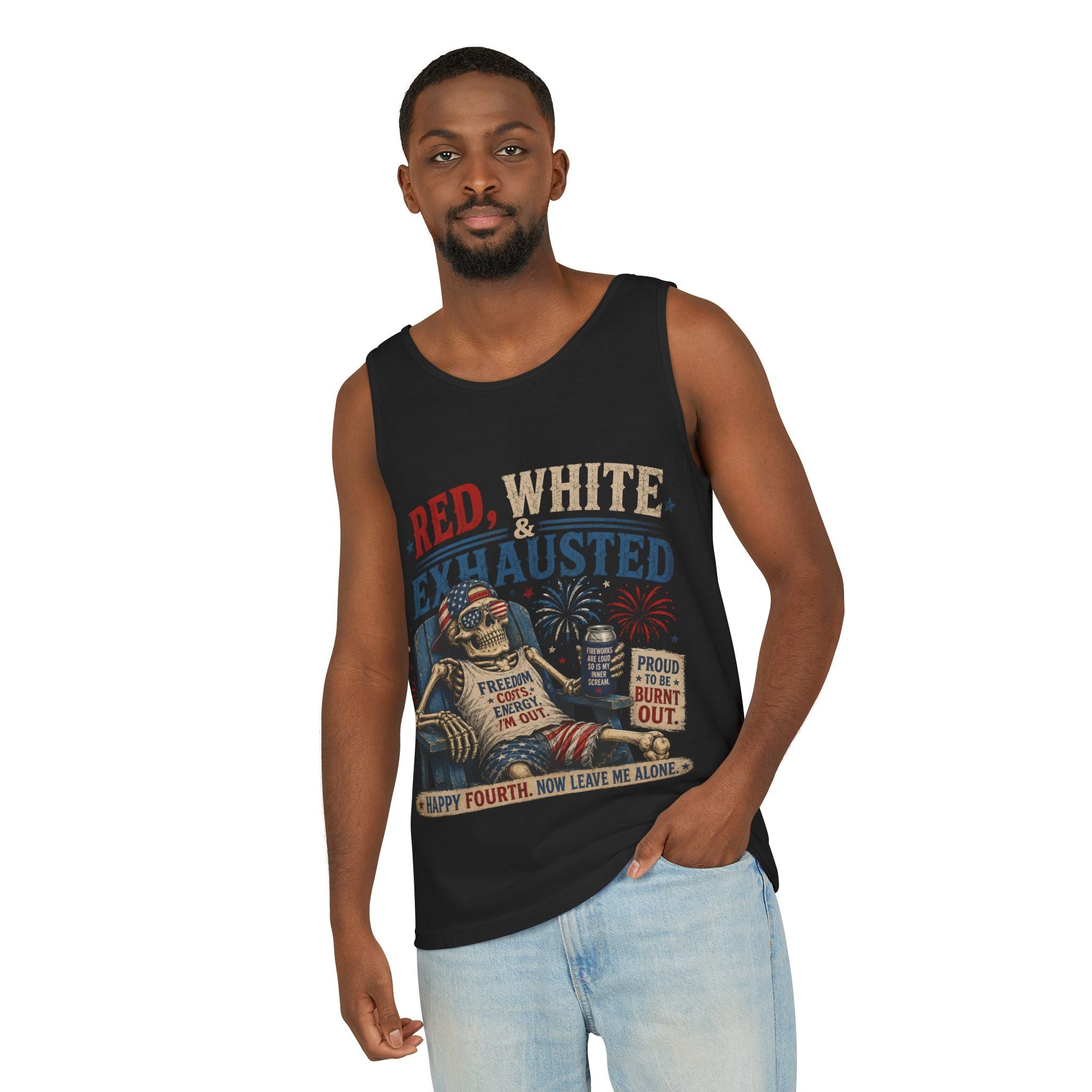 Red, White & Exhausted Shirt | Funny 4th of July Tank top  | Patriotic Burnout Tee | Retro America Graphic Tee | Independence Day Gift