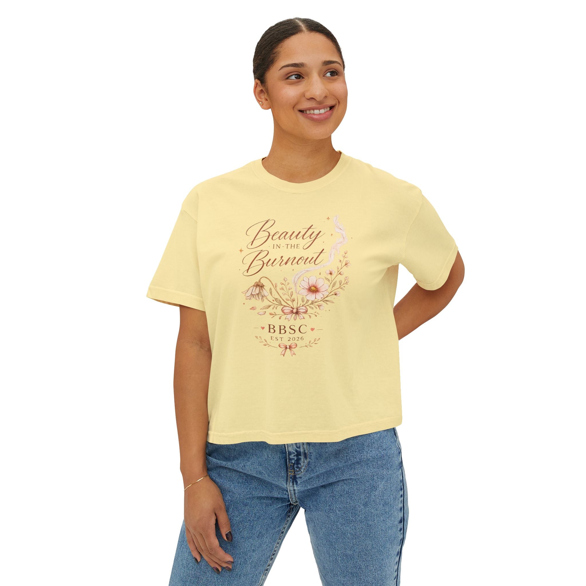 Beauty in the Burnout Women's Boxy Tee | Floral Graphic Shirt | BBSC Est. 2026