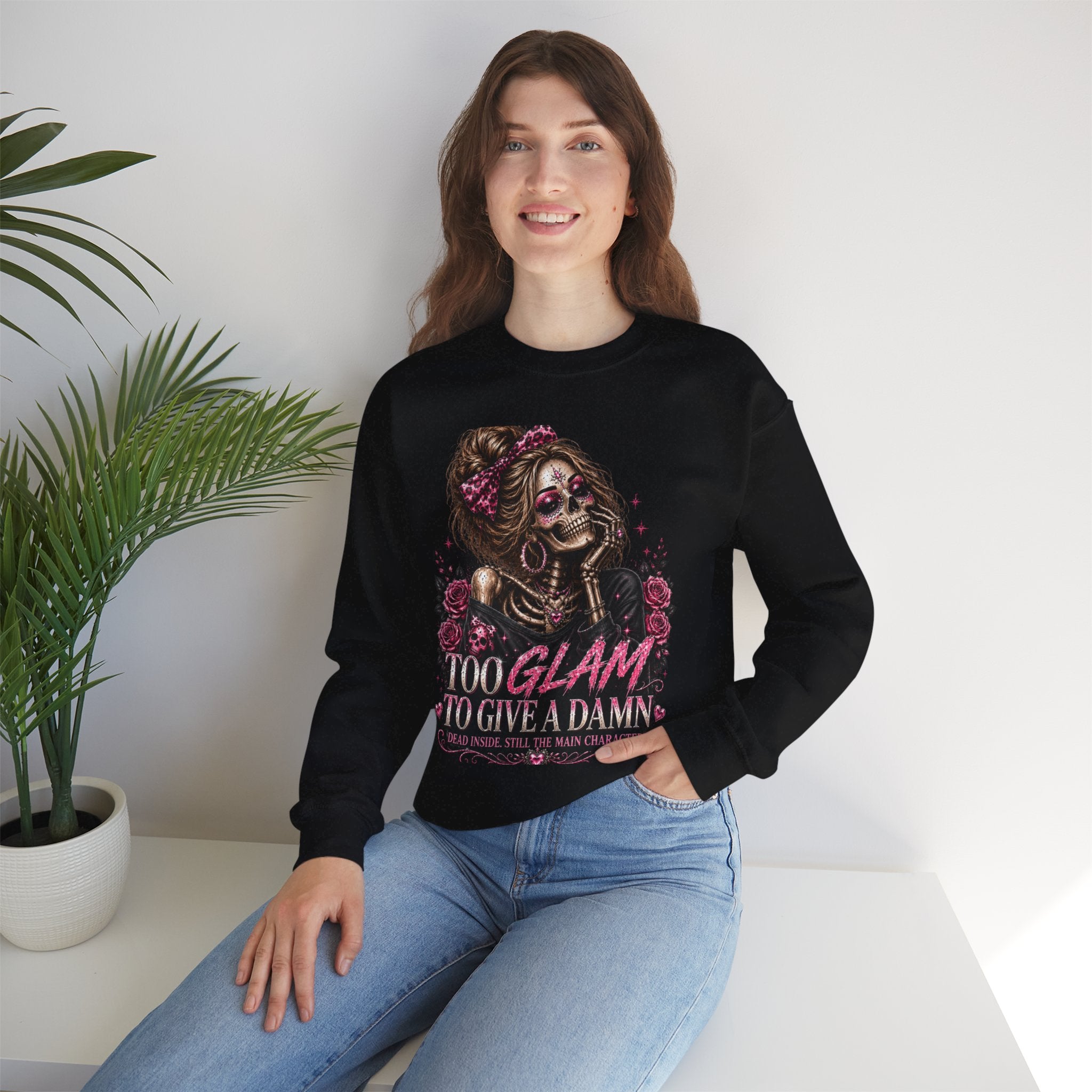Glam Skull Crewneck Sweatshirt — "Too Glam To Give a Damn" Graphic