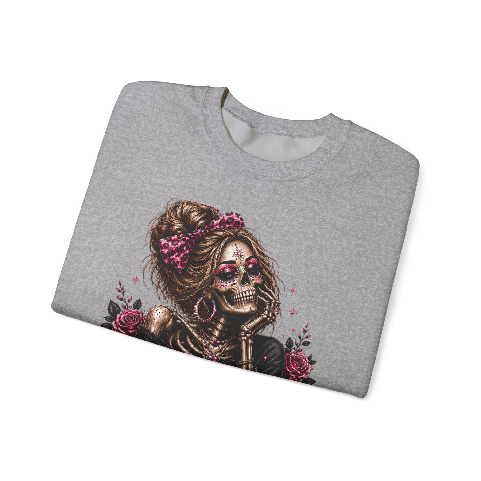 Glam Skull Crewneck Sweatshirt — "Too Glam To Give a Damn" Graphic