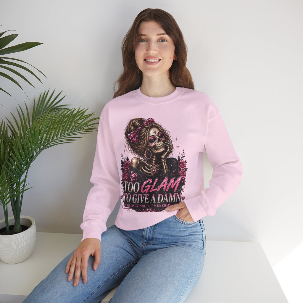 Glam Skull Crewneck Sweatshirt — "Too Glam To Give a Damn" Graphic