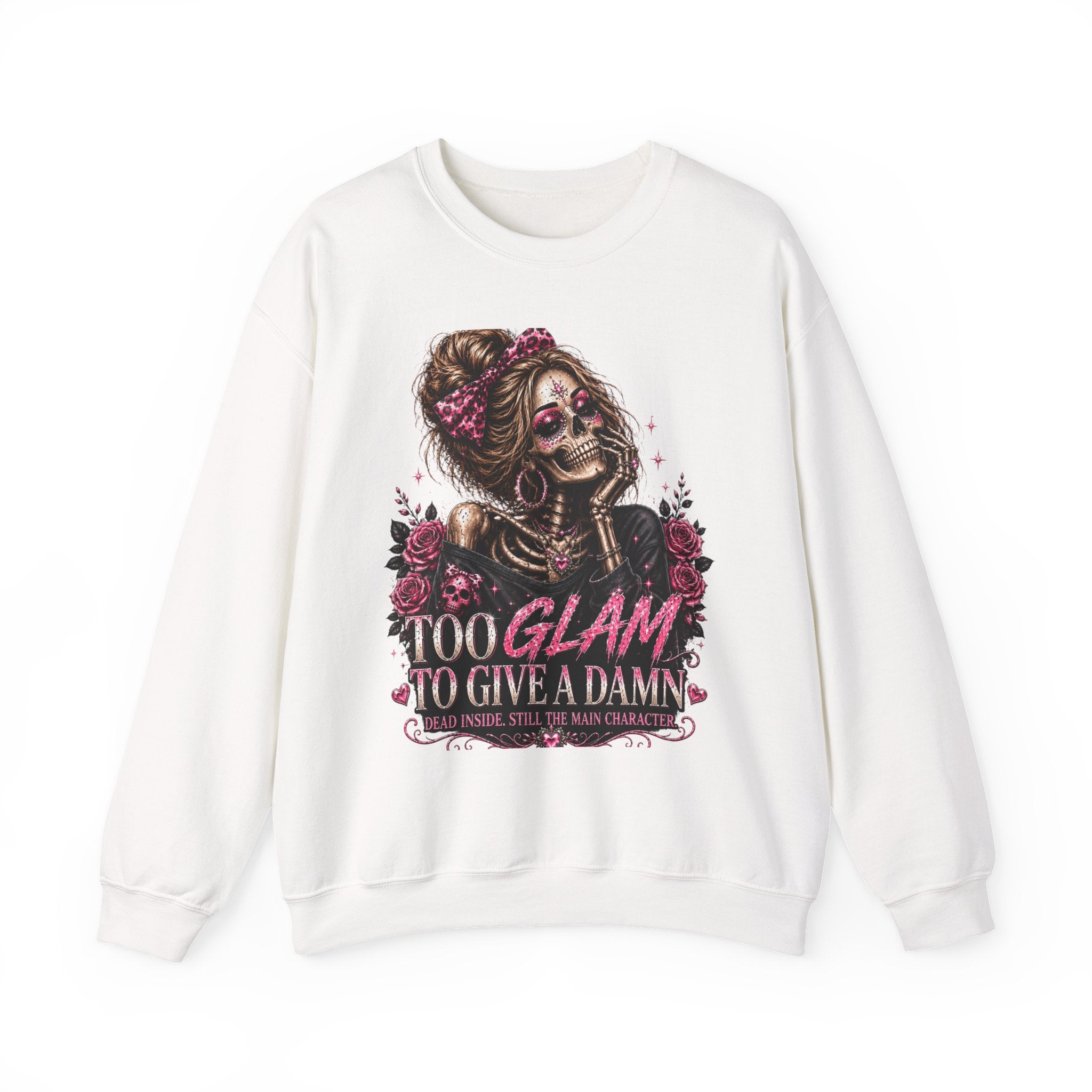 Glam Skull Crewneck Sweatshirt — "Too Glam To Give a Damn" Graphic