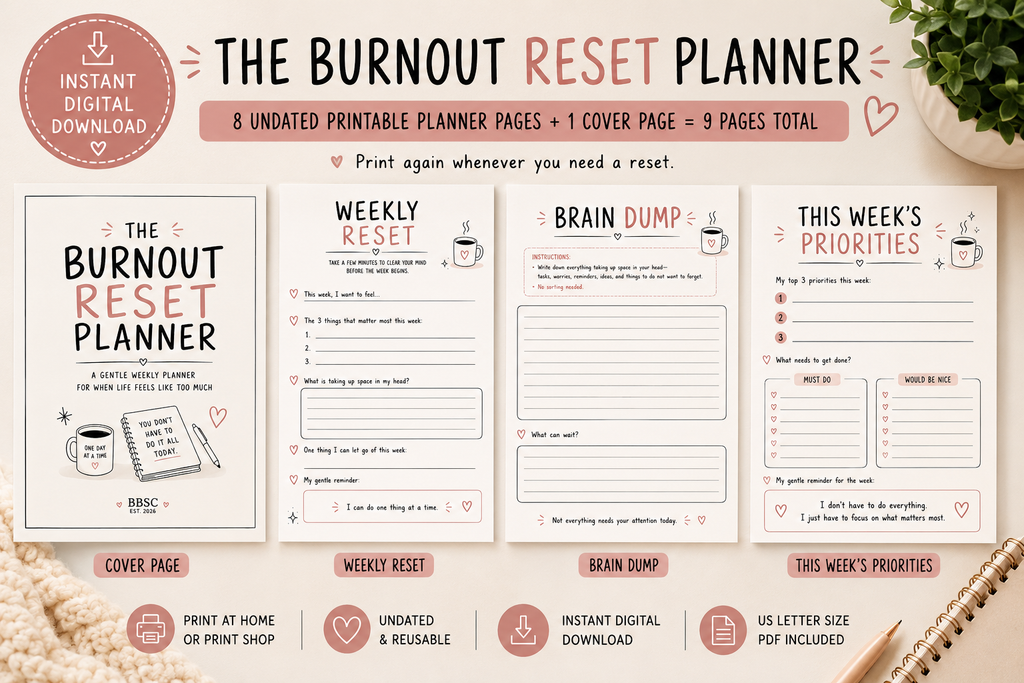 Burnout Reset Planner | Gentle Weekly Habit Tracker, Brain Dump (PDF Download)